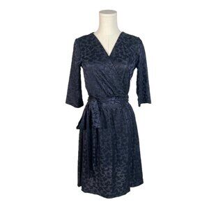French Connection Stretch Fabric Navy Floral Jacquard Faux Wrap Dress Size 2